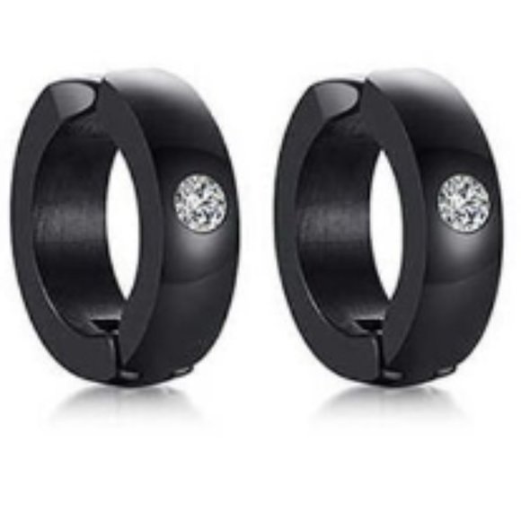 Ionic Plated Stainless Steel and Cubic Zirconia  Black Huggie Hoop - Picture 2 of 3